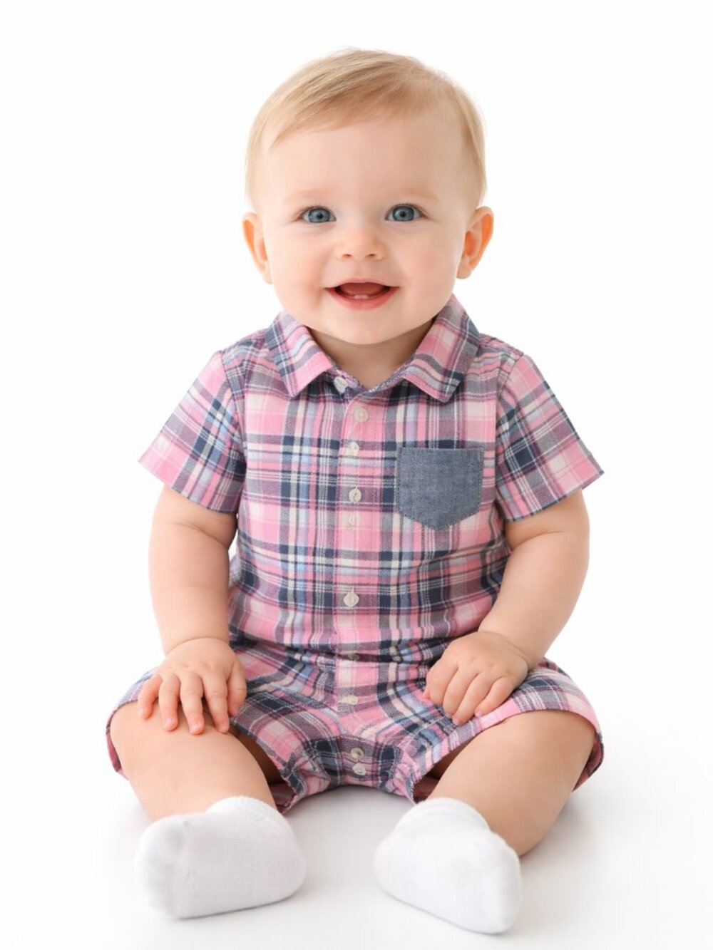 Carter's Plaid & Chambray Romper, Baby Boys Boy's 6 Months NWT